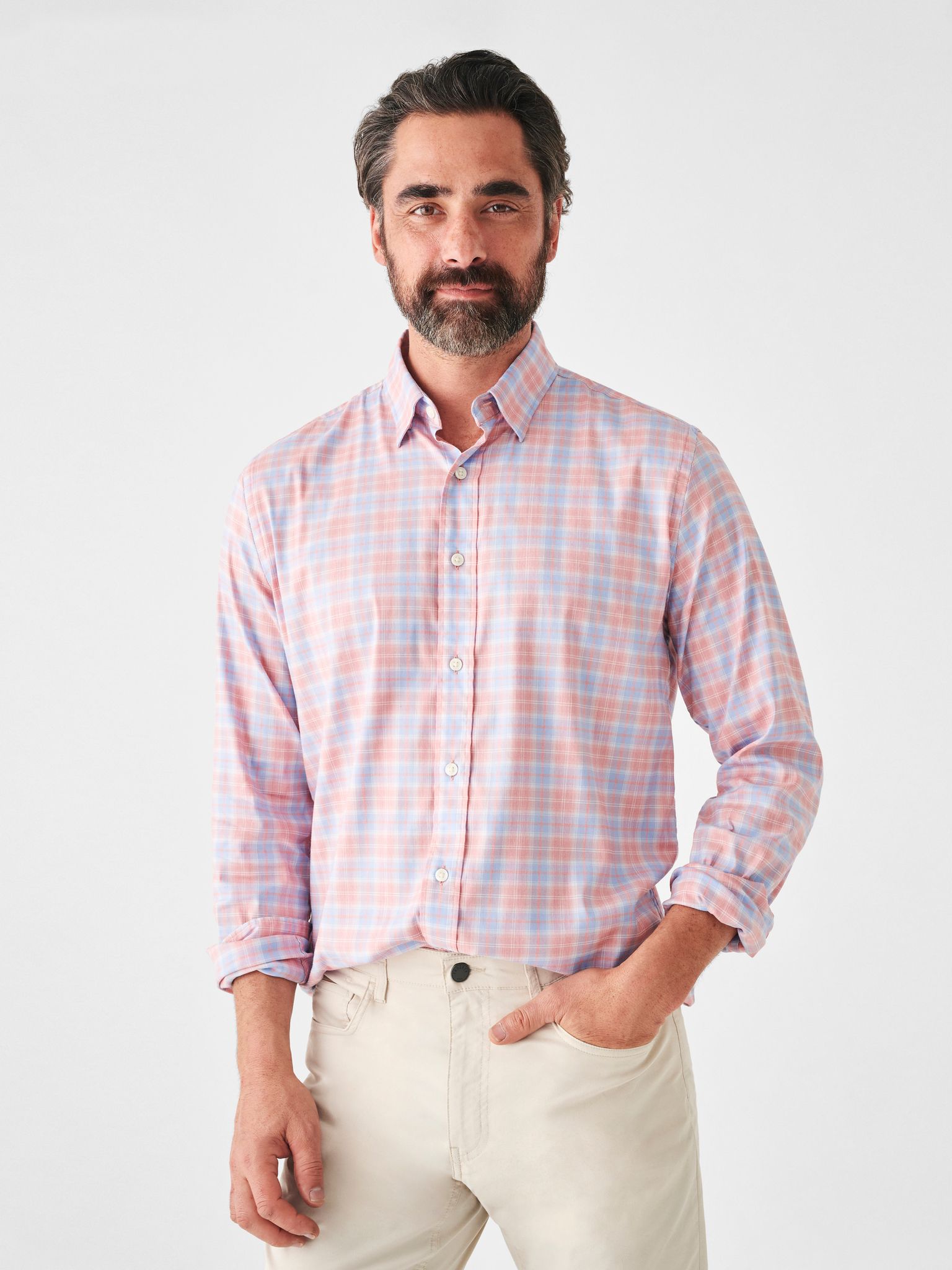 pink and blue patterned long-sleeved shirt from Faherty