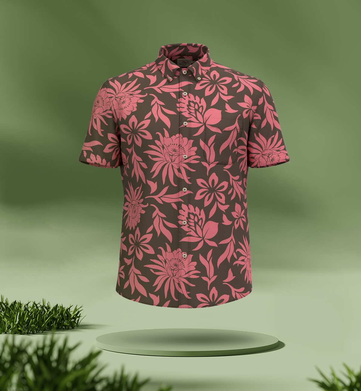 pink and green tropical patterned shirt from Faherty