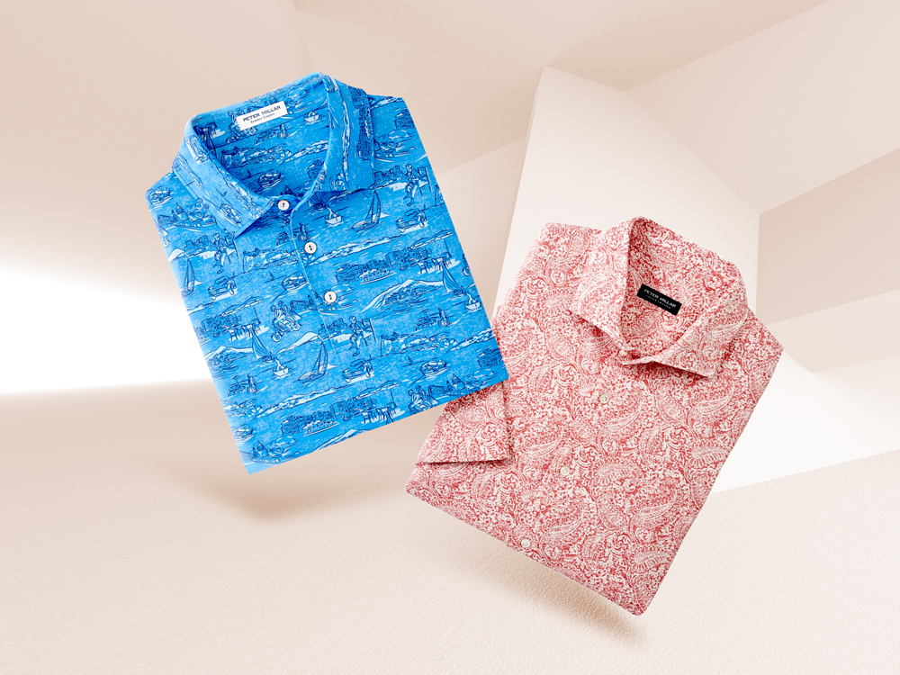 two patterned print collared shirts by Peter Millar