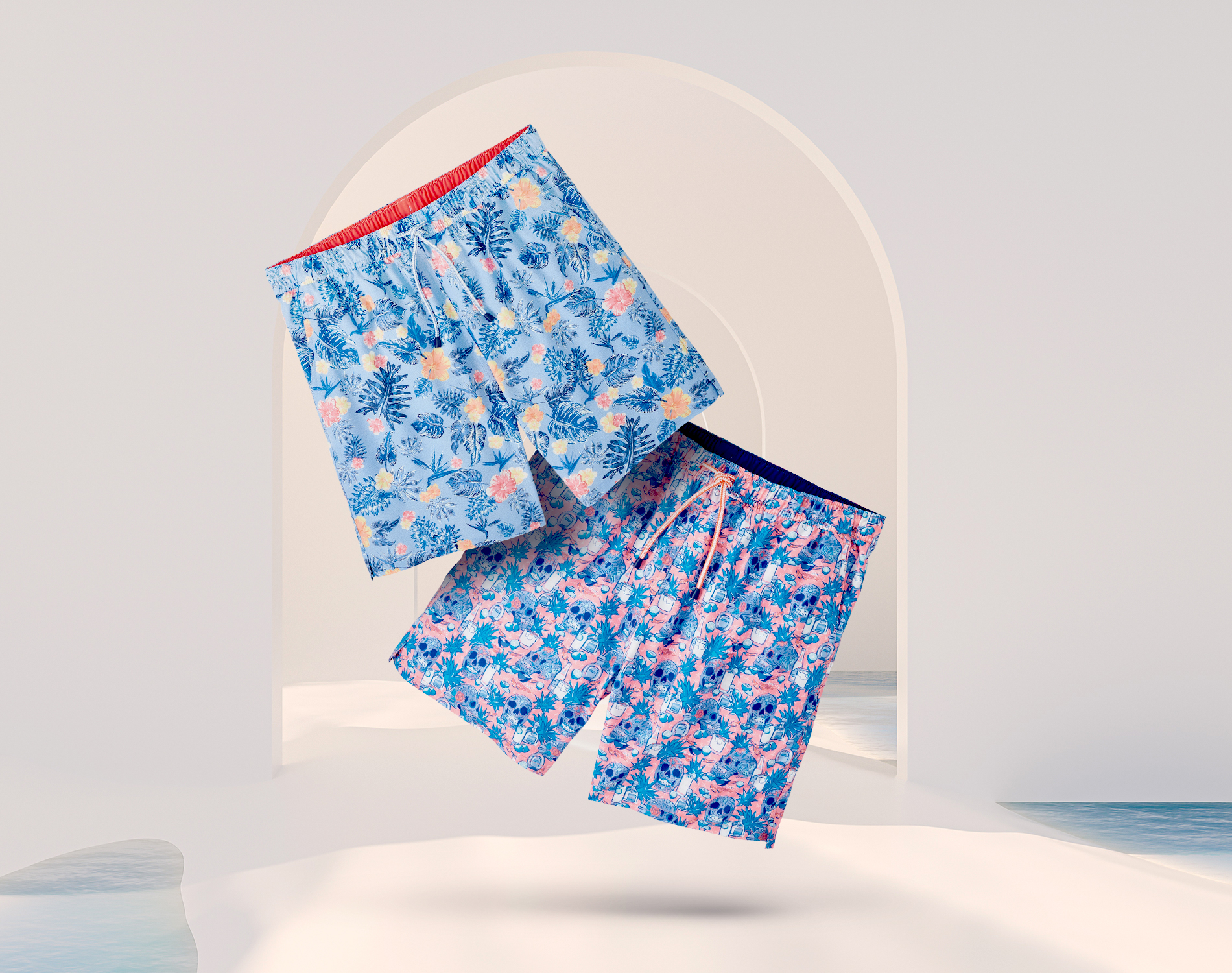 two blue patterned swim shorts by Peter Millar